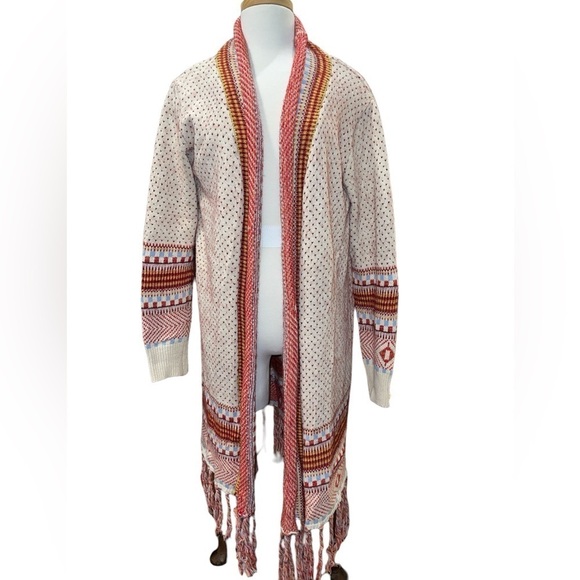 Pink Diamond Long Cardigan M/L Cream/Red/Blue Long Sleeve Fringe Detail Open - Picture 1 of 9